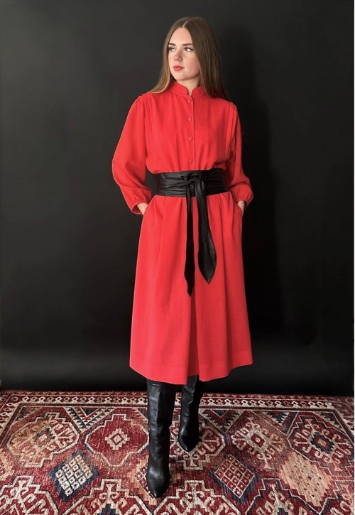 80's Vintage Red Ara Modell Bell Sleeve Midi Dress