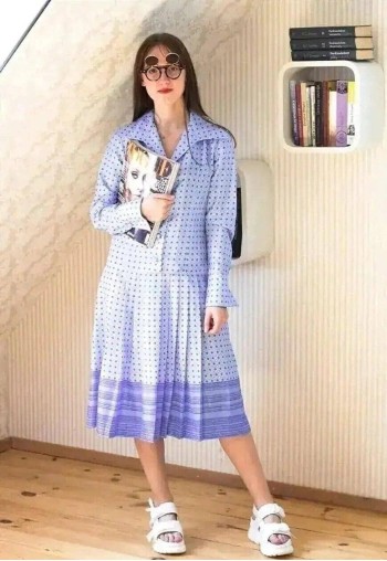 Light blue long sleeve pleated bottom shirt dress