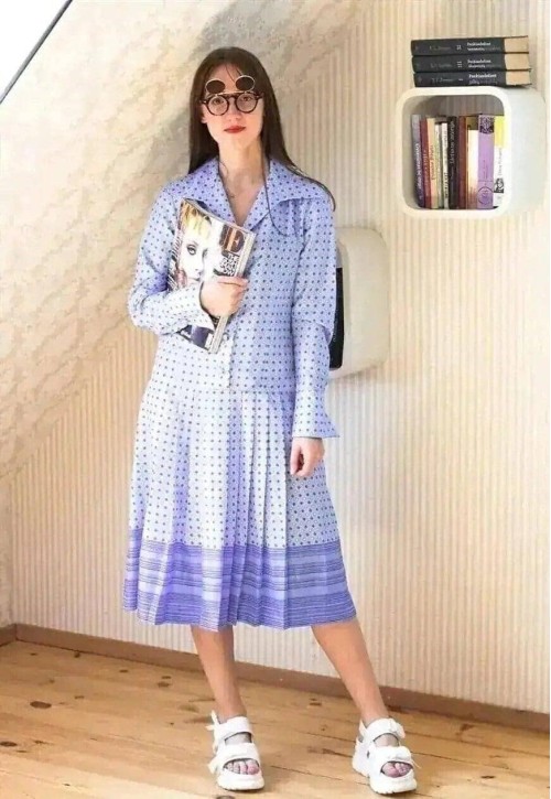 Light blue long sleeve pleated bottom shirt dress