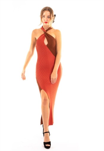 Soft Knitted Ribbed Midi Bodycon twist neck Dress In Brown