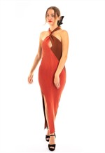 Soft Knitted Ribbed Midi Bodycon twist neck Dress In Brown